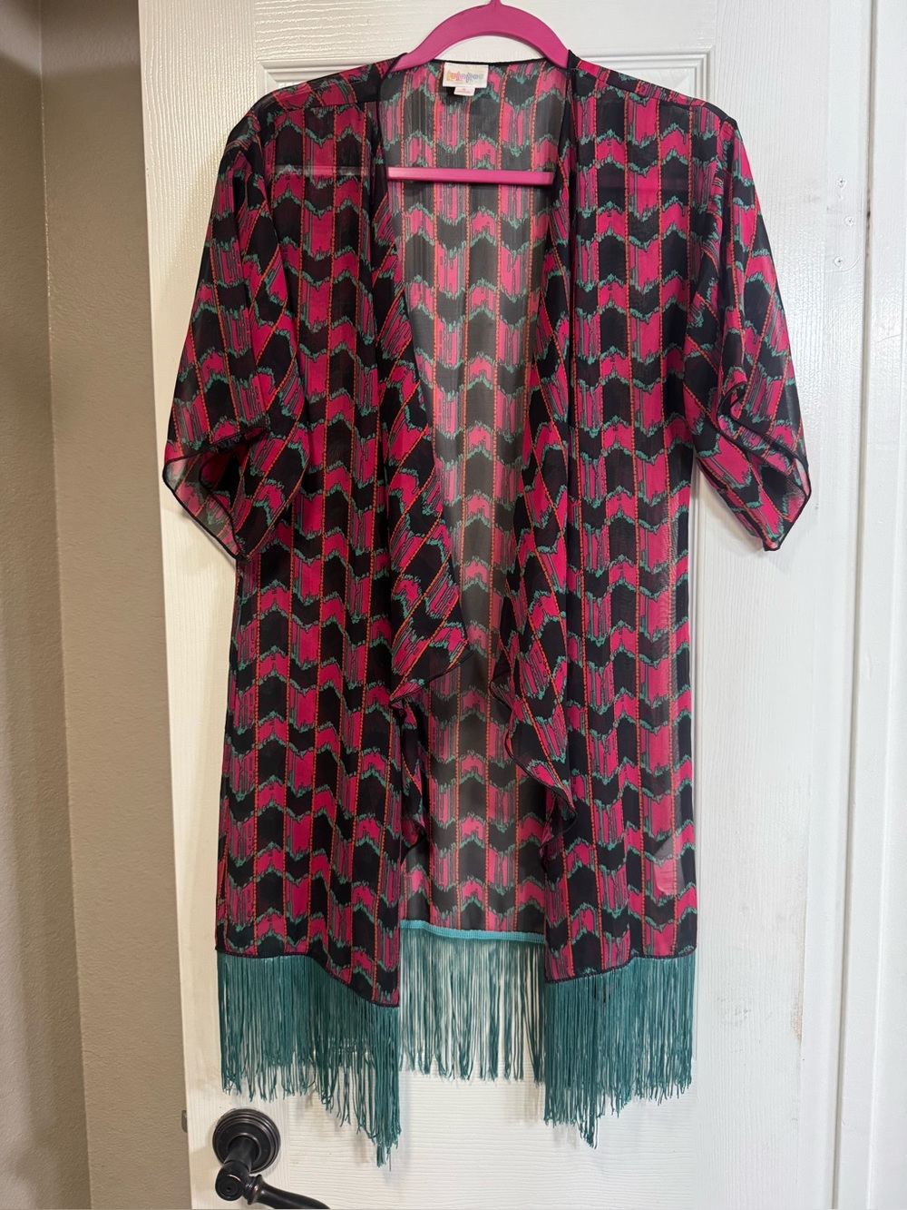 Lularoe sheer pink, black, & teal Monroe with teal fringe. EUC